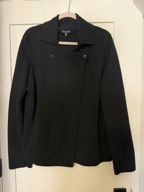 Eileen Fisher black snap sweater jacket moto structured knit merino wool XL Flaw